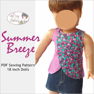 Könnte beinhalten: Ein PDF-Schnittmuster für ein 45,7 cm großes Puppen-Oberteil namens "Summer Breeze". Das Schnittmuster zeigt ein Oberteil mit pinkfarbenem und türkisfarbenem Blumendruck und ärmellosem Design. Die Puppe trägt einen Jeansrock.