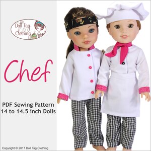 May include: PDF sewing pattern for making a chef outfit for 14 to 14.5 inch dolls. The pattern includes a white chef jacket with pink trim, black and white checked trousers, and a white chef hat. The pattern is for doll clothes, not for human clothing.