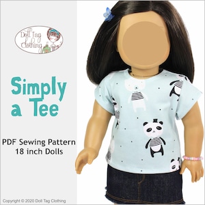 May include: A PDF sewing pattern for an 18 inch doll tee shirt. The tee shirt has a light blue background with a panda bear print. The text "Simply a Tee" is in teal blue.