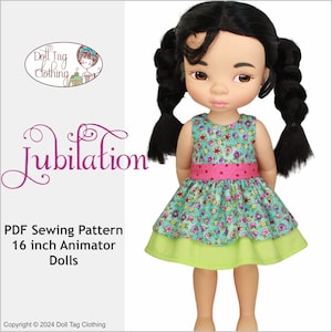 May include: PDF sewing pattern for a 16 inch Animator doll. The pattern is called "Jubilation" and features a green and pink dress with a floral print.