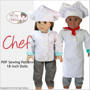 May include: PDF sewing pattern for making a chef costume for 18 inch dolls. The pattern includes a white chef jacket with blue and white trim, black and white checked trousers, a white chef hat, and a red neck scarf.