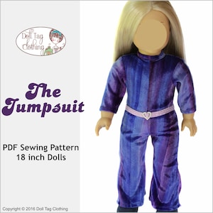 May include: A PDF sewing pattern for an 18 inch doll jumpsuit. The pattern is for a purple and blue jumpsuit with a pink belt. The doll is wearing the jumpsuit in the image. The text "The Jumpsuit" is at the top of the image.