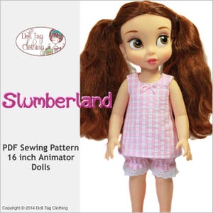 May include: PDF sewing pattern for a 16 inch Animator doll. The pattern is for a pink and white gingham sleepwear set with a sleeveless top and shorts. The doll is wearing the completed outfit.