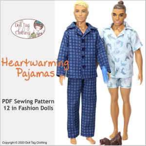 May include: PDF sewing pattern for 12-inch fashion dolls. The pattern includes two sets of pajamas: one blue plaid and one light blue with a dolphin print. "Heartwarming Pajamas" is written in orange text.
