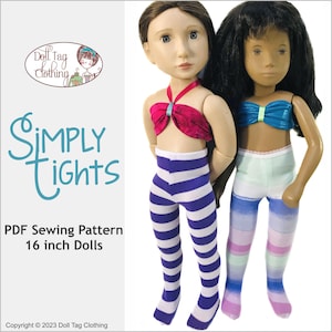 Puede incluir: Un patrón de costura PDF para hacer medias para muñecas de 40,6 cm. El patrón incluye dos estilos diferentes de medias, uno con rayas moradas y blancas y el otro con un degradado de rosa, azul y blanco. El patrón se titula "Simply Tights" y es de Doll Tag Clothing.