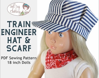 Bonnet et écharpe de mécanicien de train | Patron de couture PDF pour poupées garçon et fille de 18 pouces