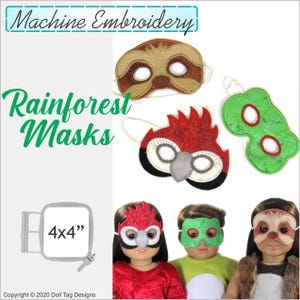 May include: A set of five 4x4 inch machine embroidery designs for rainforest animal masks. The masks include a sloth, a toucan, a frog, a parrot, and a monkey.