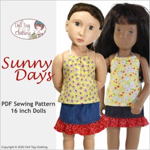 Könnte beinhalten: PDF-Schnittmuster für 40,6 cm Puppen. Das Schnittmuster heißt "Sunny Days" und zeigt ein Oberteil mit gelbem und weißem Blumenmuster und einen Jeansrock mit rotem Volant.