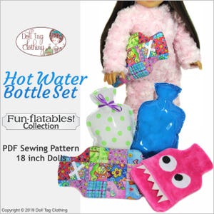 Könnte beinhalten: Ein Set mit vier Nähmustern für Wärmflaschen für 45 cm Puppen. Die Muster umfassen ein Punkte-, ein Patchwork-, ein blaues und ein pinkfarbenes Monsterdesign. Der Text "Fun-flatables! Collection" und "PDF-Nähmuster 45 cm Puppen" ist im Bild enthalten.