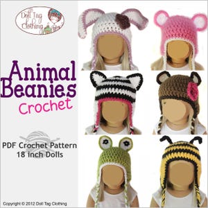 Animal Beanies - Six Critters | Mouse - Bear - Bunny - Bee - Cat - Frog | PDF Crochet Pattern for 18 inch Girl and Boy Dolls