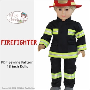 May include: A PDF sewing pattern for an 18-inch doll firefighter costume. The costume includes a black jacket with yellow reflective stripes, black pants with yellow reflective stripes, and a red firefighter hat.