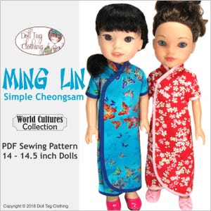 Peut inclure: Patron de couture PDF pour une robe cheongsam simple pour poupées de 14 à 14,5 pouces. Le patron comprend deux options de tissu différentes : l’une avec un fond bleu et un imprimé papillon et l’autre avec un fond rouge et un imprimé floral. Le patron est intitulé « Ming Lin Simple Cheongsam » et fait partie de la « Collection Cultures du Monde ».