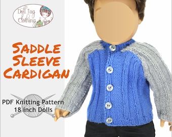 Saddle Sleeve Cardigan Sweater | PDF Knitting Pattern for 18 inch Boy and Girl Dolls