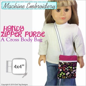 Handlicher Reißverschluss Cross Body Geldbörse | Im Stickrahmen | Maschinen Stickdatei für 18 inch Mädchen Puppen