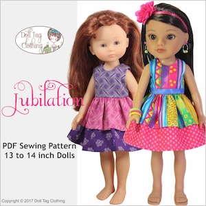 May include: PDF sewing pattern for 13 to 14 inch dolls, called "Jubilation". The pattern includes two dresses, one with a purple and pink colour scheme and the other with a colourful patchwork design.