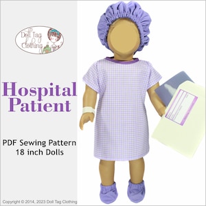 Könnte beinhalten: Ein PDF-Schnittmuster für ein 45 cm großes Krankenhauskleid, eine Mütze und Booties für Puppen. Das Kleid ist in lila und weiß kariertem Muster mit lilafarbener Einfassung. Die Mütze ist lila und die Booties sind lila.