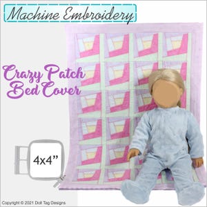 Crazy Patch Bettdecke | In the Hoop Zusammennähen | Quilten | Maschinenstickdatei für 18 inch Mädchen und Jungen Puppen
