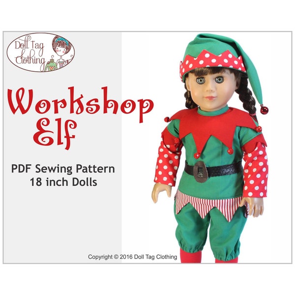 Tenue d'elfe de l'atelier du père Noël | Patron de couture PDF pour poupées fille et garçon de 18 pouces