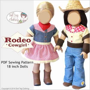 Op de afbeelding: PDF-naaipatroon voor het maken van een rodeo-cowgirl-outfit voor 45 cm poppen. Het patroon bevat een rood-wit geruit jurkje met een denimvest, een geel shirt met een bruin vest en een blauwe jeans. Het patroon heet "Rodeo Cowgirl".