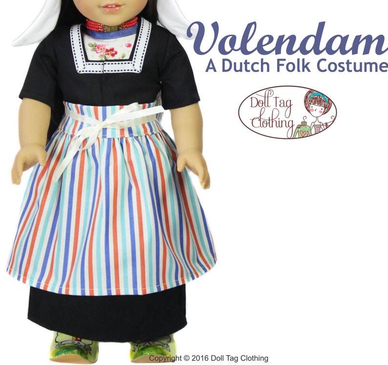May include: A doll wearing a traditional Dutch folk costume, called a Volendam, with a black bodice, white collar, striped skirt, and white cap. The costume is labeled "Volendam A Dutch Folk Costume" and "Doll Tag Clothing".