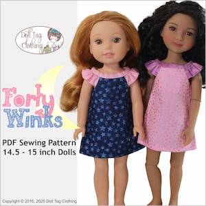 Op de afbeelding: PDF-naaipatroon voor een "Forty Winks" poppenjurk voor poppen van 37 cm tot 38 cm. Het patroon bevat twee jurken, een blauwe met witte sterren en een roze met witte stippen.