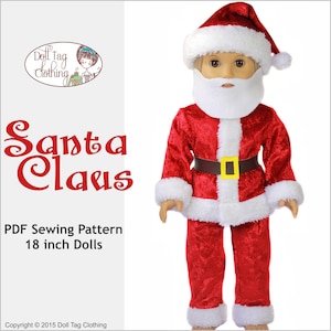 Pode incluir: Um padrão de costura PDF para fazer um traje de Papai Noel para uma boneca de 45 cm. O padrão inclui um terno de veludo vermelho com detalhes em branco, uma barba branca e um chapéu vermelho com detalhes em branco.