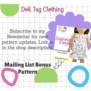 May include: A purple and white graphic with the text "Doll Tag Clothing" and "Sunny Days" in a pink and white circle. The graphic also includes a doll wearing a white and pink tank top and a gray skirt. The text "PDF Sewing Pattern 18 inch Dolls" and "dolltagclothing.com" are also included in the graphic.