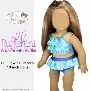 Rufflekini Bikini Two Piece Swimsuit | Three Top Variations | PDF Sewing Pattern for 18 inch Dolls