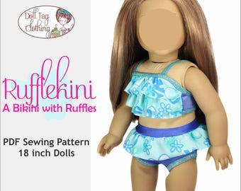 Rufflekini bikini tvådelad baddräkt | Tre toppvarianter | PDF-sömnadsmönster för 18-tums dockor