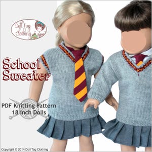School V-Neck Sweater, Vest and Scarf | PDF Knitting Pattern for 18 inch Girl and Boy Dolls