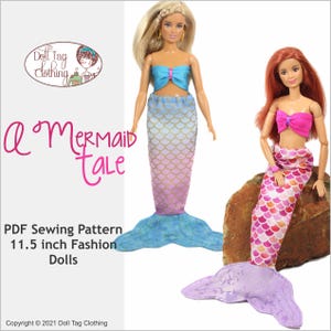 Puede incluir: Un patrón de costura PDF para hacer colas de sirena para muñecas de moda de 11,5 pulgadas. El patrón incluye dos diseños de cola diferentes, uno con un patrón de escamas degradado azul y rosa y el otro con un patrón de escamas rosa y naranja. El patrón se titula "A Mermaid Tale".