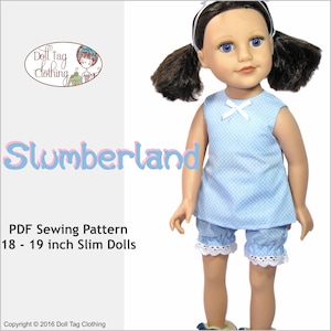 Puede incluir: Patrón de costura PDF para hacer pijamas para muñecas delgadas de 18-19 pulgadas. El patrón incluye una blusa azul con lunares blancos y un lazo blanco y pantalones cortos a juego con ribete de encaje blanco. El patrón se llama "Slumberland".