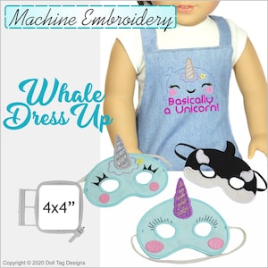 May include: Machine embroidery design for a whale dress up, featuring a narwhal mask, a whale mask, and a narwhal with the text "Basically a Unicorn!" in a 4x4 inch hoop.