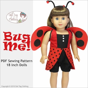 May include: PDF sewing pattern for an 18 inch doll ladybug costume. The costume includes a red and black dress with black polka dots, red and black wings, and a headband with black antennae and red spots.