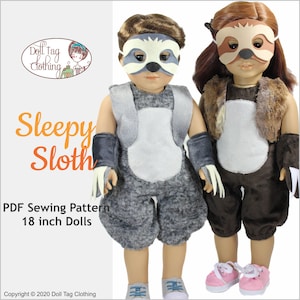 Puede incluir: Patrón de costura PDF para hacer un disfraz de perezoso para muñecas de 45 cm. El patrón incluye un mono gris con vientre blanco, pantalones marrones y una máscara de perezoso. El patrón se llama "Sleepy Sloth".