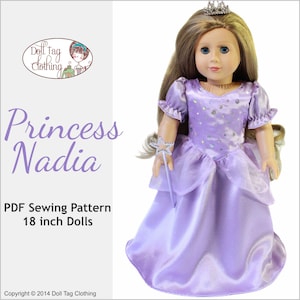 Puede incluir: Un patrón de costura PDF para un vestido de muñeca de 45,7 cm. El vestido es lavanda con un corpiño brillante y una falda de tul. La muñeca lleva una corona y sostiene una varita. El patrón se llama "Princesa Nadia".