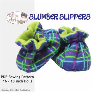 May include: PDF sewing pattern for making slumber slippers for 16-18 inch dolls. The slippers are made of blue, green, and purple plaid fleece with a green fleece lining.