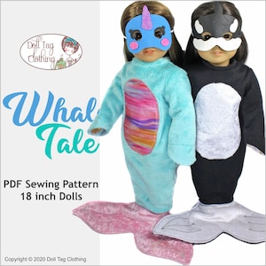Op de afbeelding: PDF-naai-patroon voor het maken van walvis- en orka-kostuums voor 45 cm poppen. Het patroon bevat een blauw walviskostuum met een roze staartvin en een zwart-wit orka-kostuum met een grijze staartvin. Het patroon bevat ook maskers voor elk kostuum.