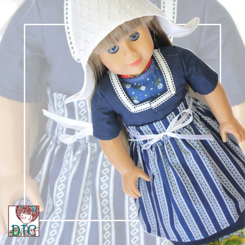 May include: A doll wearing a blue and white striped dress with a white apron and a white bonnet. The dress has a blue bodice with white trim and a floral pattern. The doll has blonde hair and blue eyes.
