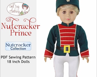 May include: PDF sewing pattern for an 18 inch doll Nutcracker Prince costume. The pattern includes a red and green jacket with gold trim, white pants, and a red hat with gold trim.  The pattern is part of the Nutcracker Collection by Doll Tag Clothing.