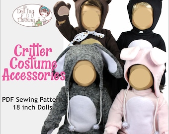 Tillbehör till Critter-kostymer | Mössor och handskar | Björn, kanin, katt, valp | PDF-sömnadsmönster för 18-tums flick- och pojkdockor