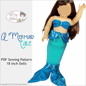 May include: A mermaid tail costume for an 18 inch doll. The tail is turquoise blue with a sparkly finish and a matching turquoise blue top with a bow. The doll is not included.