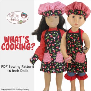 May include: PDF sewing pattern for making cherry-themed chef outfits for 16-inch dolls. The pattern includes a red and white checked chef hat, a red short-sleeved shirt, a black apron with a cherry print and red and white checked pockets, and red and white checked oven mitts.  "What's Cooking?" is written in bold letters at the top of the image.