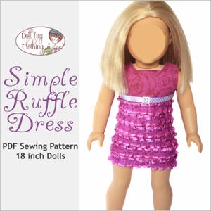 Puede incluir: Un patrón de costura PDF para un vestido sencillo con volantes para muñecas de 45 cm. El vestido es rosa con un cinturón blanco y un corpiño con estampado floral morado. El patrón se llama "Simple Ruffle Dress".