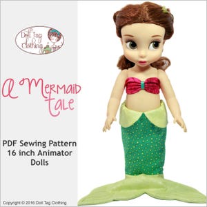 Peut inclure: Patron de couture PDF pour une queue de sirène pour poupées Animator de 40,6 cm. Le patron comprend une queue de sirène rose et verte avec un haut rose. Le patron est intitulé "A Mermaid Tale".