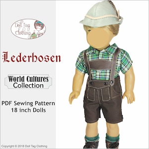 May include: PDF sewing pattern for an 18 inch doll, featuring a doll wearing a green and blue checked shirt, brown lederhosen, and a light blue hat with a feather. The pattern is titled "Lederhosen" and "World Cultures Collection".