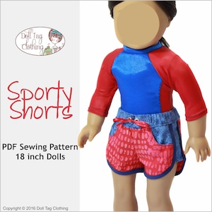 May include: PDF sewing pattern for making sporty shorts for 18 inch dolls. The pattern includes instructions for making red and blue shorts with a white and blue patterned waistband.