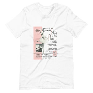 May include: A vintage poster advertising a performance by the Tulsa Civic Ballet Inc. on Friday, March 6th at the Tulsa Municipal Theatre. The poster features a ballerina in a white tutu and a pink background. The text on the poster includes the names of the dancers, the conductor, and the ticket information.