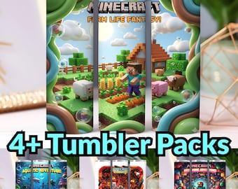 Paquete de 4+ vasos de plástico con temática de aventura agrícola Block World, formato PNG (20 oz y 30 oz), descarga digital por sublimación para vasos rectos y cónicos.