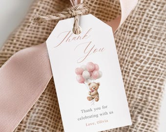 Pink Teddy Bear Baby Shower Favor Tags, Balloon Bear Thank You Gift Tags, We Can Bearly Wait Theme Party Decor (Editable Canva Template)